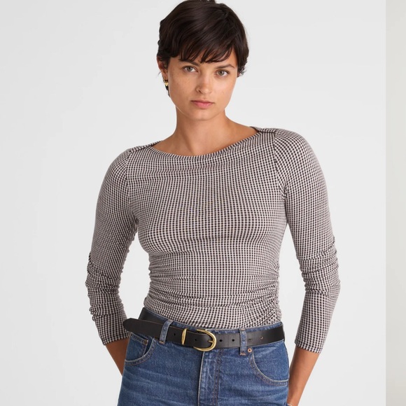 Madewell Tops - Madewell Ruched Crewneck Long-Sleeve Tee in Check Jacquard in Molasses, Size: S